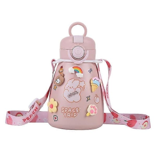 Kawaii vattenflaska, sugrör och stor magkopp, isolerad kallvattenflaska (500ml, rosa)