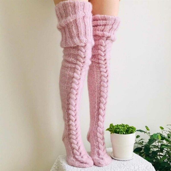 Warm Knitted Knee-High Thigh-High Socks Pink