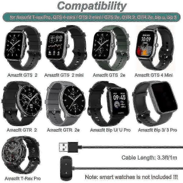 Amazfit Opladerkabel til GTS 2, GTS 2 Mini, GTS 2e, GTR 2, GTR 2e, GTS 4 Mini, T-Rex Pro, Bip 3, Bip U Pro
