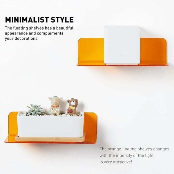 Drill-Free Wall Shelf 2-pack, Easily Expand Wall Space - Small Acrylic Self-Adhesive Wall Shelf for Bedroom, Bathroom, Kitchen, with Cable Clips (Orange)