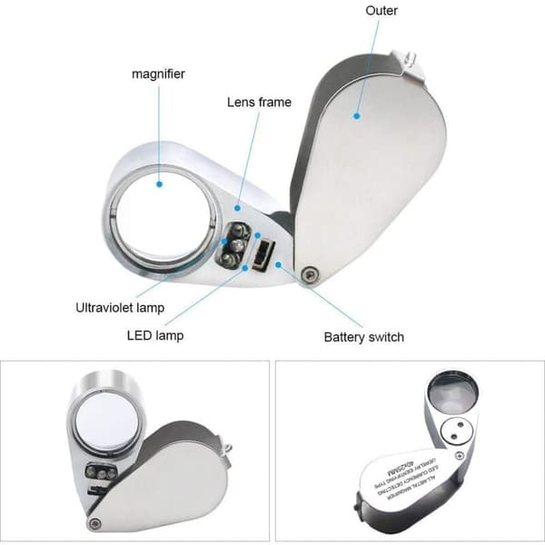 40X Juvelerlup Sammenfoldelig Lommelup med LED-lys og UV-lampe