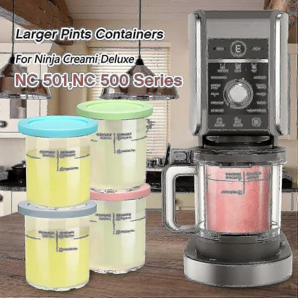 For Ninja Creami Deluxe 4-pack Replacement Pints and Lid Set with Secure Locking Ribs Compatible with NC501 NC500 Series Ice Cream Maker Accessories