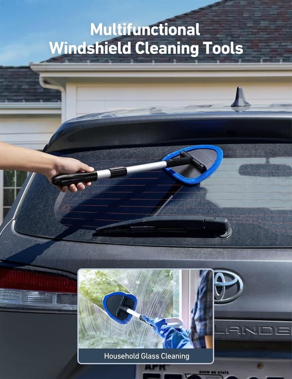 Car Interior Cleaning Kit with Extendable Handle and 4 Reusable Microfiber Pads, Car Window Wiper Brush Kit for Cars, Blue Blue