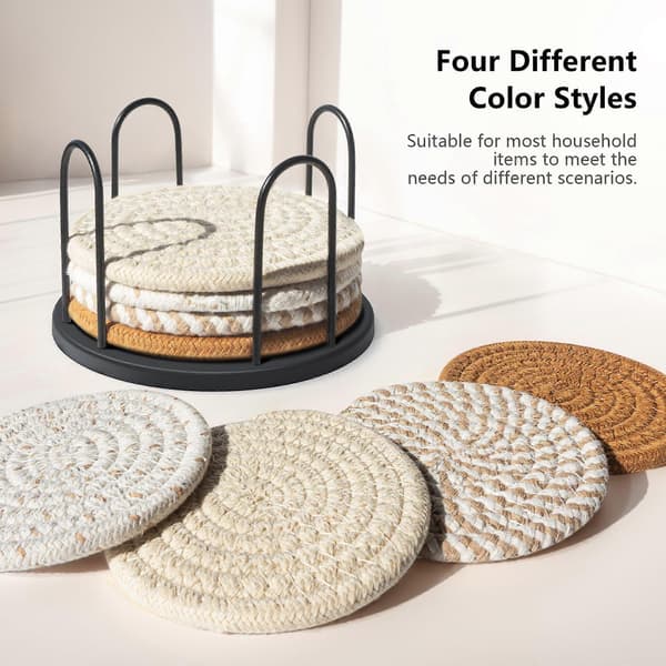 Coaster Sæt med 8 til Drikkevarer, Øl, Kaffe, Bomuldsvævede 4 Farver Absorberende Coasters med Holder, Boho Coasters til Boligindretning Bordbeskyttelse