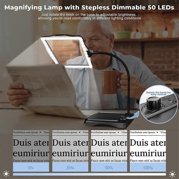 Magnifying Lamp, Hands-Free Magnifier with Flexible Gooseneck, Stepless Dimmable Magnifying Lamp