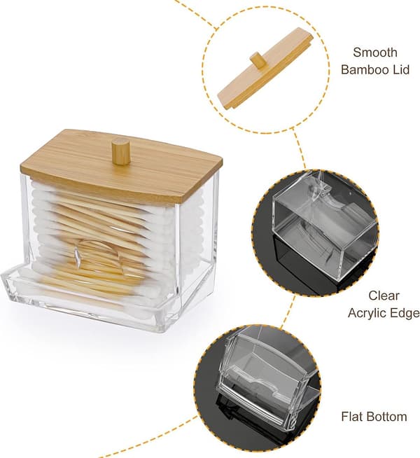 Akryl Q-Tip Holder med Bambuslokk, Klar Bomullspinne Dispenser for Baderomsbenk