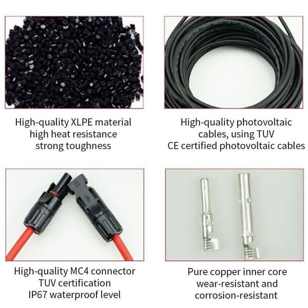 4 mm² solarkabel – 2 m længde (1 m sort + 1 m rød) – MC-4-stik inkluderet – 1000V DC-spænding, 30A strøm