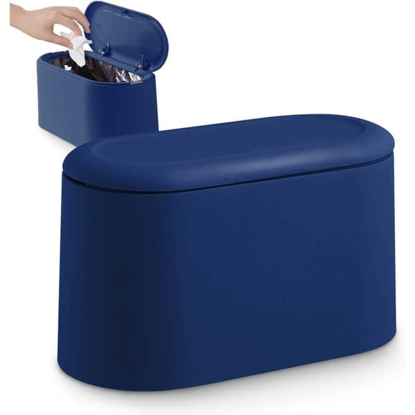 Small Desktop Bin with Push-Button Lid for Office, Bathroom, Kitchen, and Bedroom, Pet Food Storage, Blue