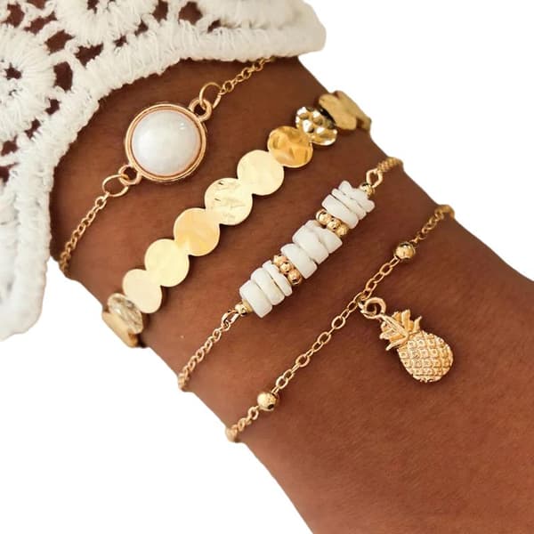 4 stk Gull Chic Armbånd / Bangle med Ananas, Kuler & Perler