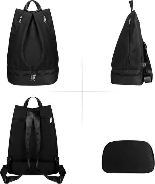 Women's Swim Gym Backpack with Wet Dry Separation Shoe Compartment Foldable Nylon Sports Bag with Adjustable Straps, Black