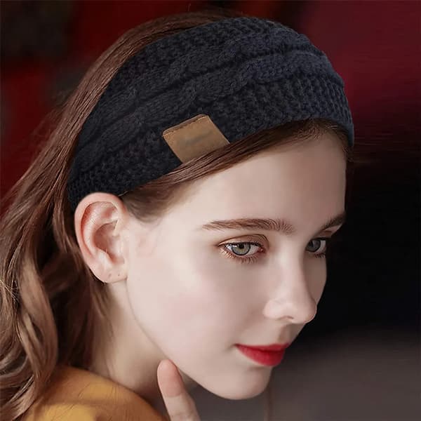 Women's Winter Fluffy Fleece Lined Thick Cable Knit Headband Earmuff Black+Beige