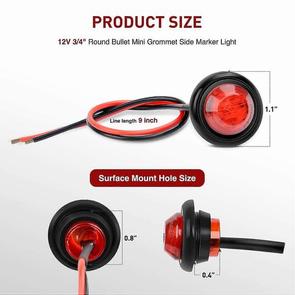 10 stk. 3/4 tommer runde LED-markeringslys Lastbil Sidelys LED Sidemarkeringslys til Lastbil Autocamper Bil [DB] Rød Red