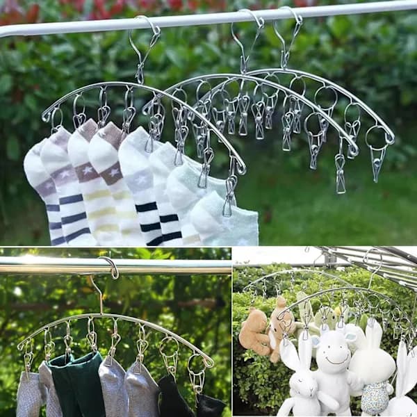 Stainless Steel Drying Rack with Windproof Hooks, Underwear Rack, Clothes Drying Rack with 8 Clips for Drying Socks, Towels (2-Pack)