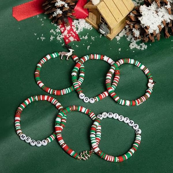Set med 6 jularmband - Joy & Merry Candy-stil, stapelbara för kvinnor och tonåringar - Perfekta julklappar - Ålder 3+