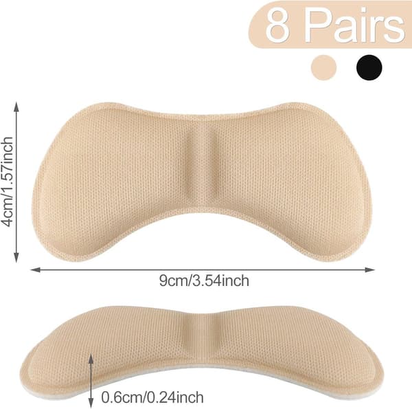 8 par hælpuder - Selvklæbende, skridsikre, mod vabler - til åbne sko - Sort & Beige - 4*9 cm