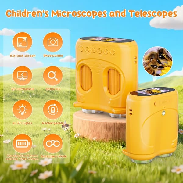 Digital Microscope and 5cm Binoculars, Outdoor Scientific Exploration for Children from 3 Years (Orange)