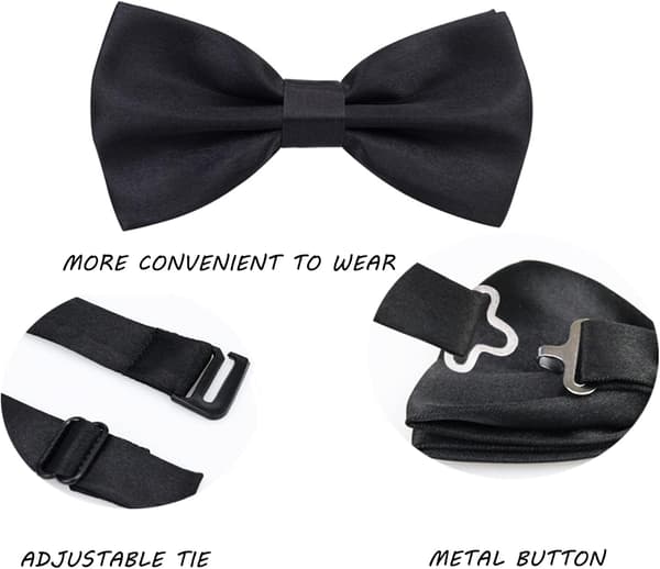 Adjustable Black Bow Tie for Men, Pre-tied Satin Necktie for Weddings, 11.571.5cm