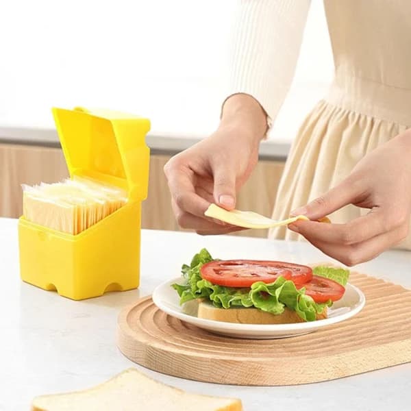 Cheese Storage Box with Hinged ABS Lid, Fresh-Keeping Refrigerator Container for Cheese, Butter, Snacks, Yellow, 8 x 10 x 10.5 cm
