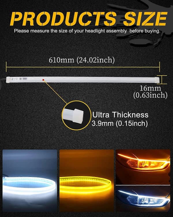 2-pak 60 cm hvide og gule LED-kørelys til bil