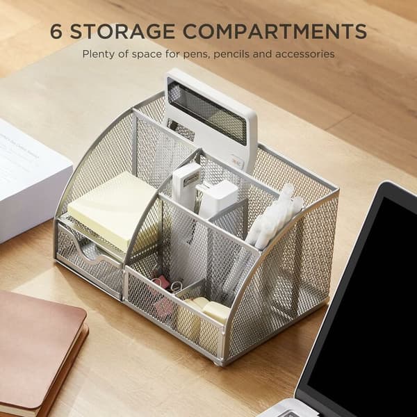 Desktop Storage, Wire Mesh Desk Organizer with Drawer and Pen Holder, 6 Different Compartments for Pens, Staplers, Folders, Silver Grey