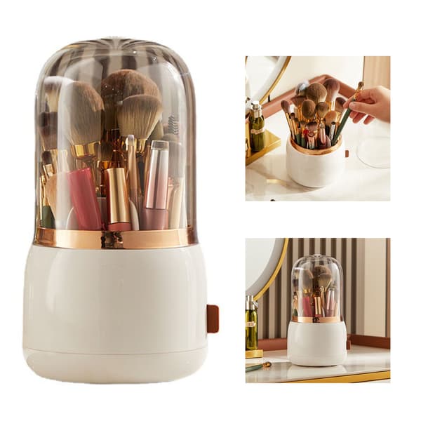 Makeup Brush Holder Multifunctional Brush Organizer Home Rotating Dustproof Cosmetic Makeup Brush Container White