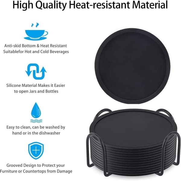 Silicone Coasters, 12 Pieces Black, Thickened Non-Slip with Iron Holder, for Hot and Cold Drinks