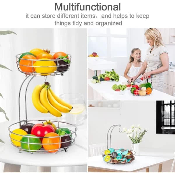 2-Tier Fruit Basket with Banana Hanger, Detachable Rust-Resistant Metal Storage Bowls for Kitchen Counter, Silver Silver Silver