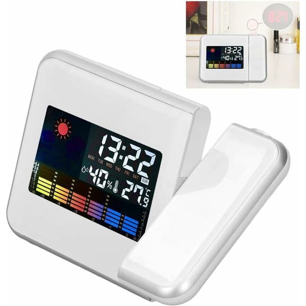Digital Projection Alarm Clock with Temperature Hygrometer Time Date LCD Display Clock - with USB Cable White