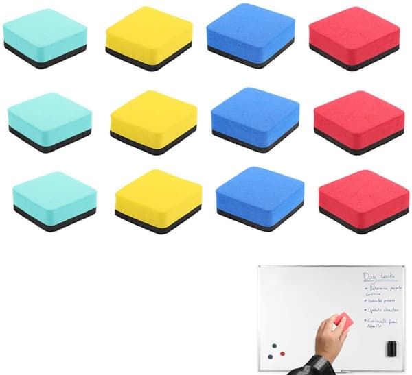 12 Whiteboard Viskelædere - Magnetiske, 5*5*2 cm - til køleskab, opslagstavle - til lærere og studerende