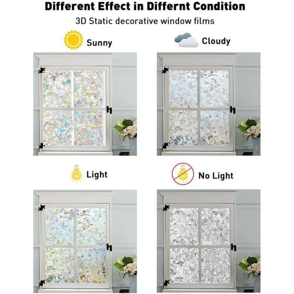 Rainbow Electrostatic Window Film, 60x300cm Privacy Decorative UV-Blocking 3D Window Film for Bedroom, Office, Kitchen