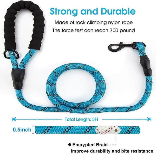 5 FT Strong Dog Leash with Comfortable Padded Handle and Highly Reflective Threads for Medium and Large Dogs (5-FT, Blue)