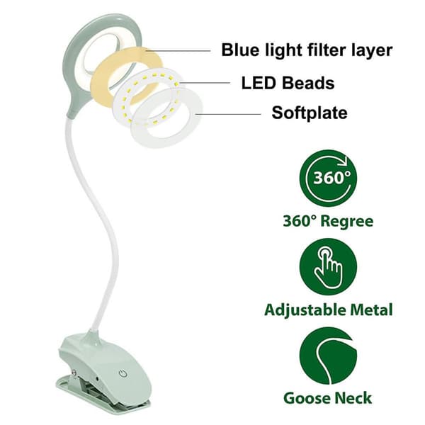 LED-skrivebordslampe, øyevennlig klemmelampe, klemmelamper, leselamper, grønn