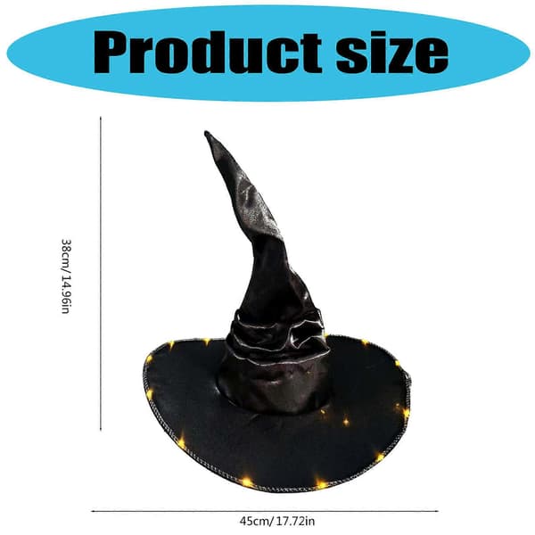 Bredskygget heksehat LED-lys heksehatte stor sort heksehat Halloween Cosplay kostume til kvinder mænd gaver sort