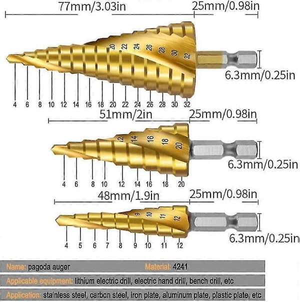 Trinnbor Metall Bit Metallplate C Bit Med Sekskantskaft Skaft Punch 4st Stål Trinnbor [db]