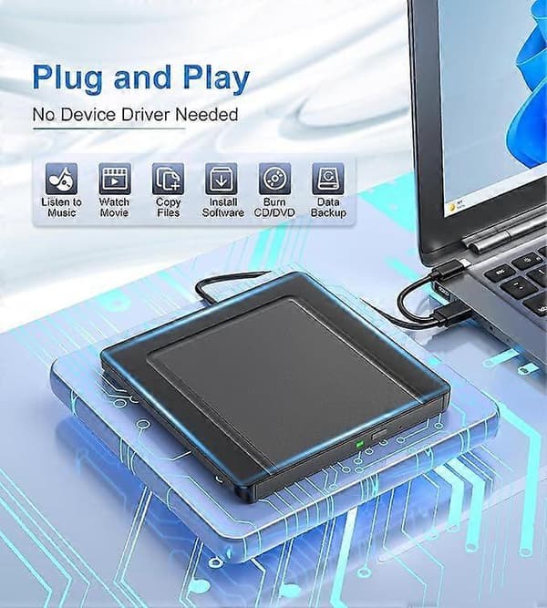 Ekstern CD DVD-drev, Ultra-slank CD DVD-brænder Eksternt drev med USB 3.0 og USB-C, Bærbart CD/DVD/-RW/ROM-drev til PC/Laptop/Windows 11/10/8/7/X