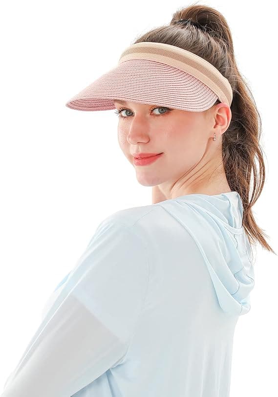 Straw Sun Hat with Open Crown, UV Protection, Versatile and Refined, Adorned with Fine Woven Stripes, Pink