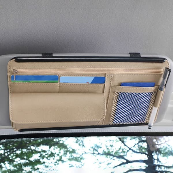 Solskærm Organizer til bil Interiør Tilbehør DVD Opbevaringsholder med lynlås Multi-Pocket Mesh Beige
