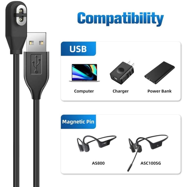 [1-pak] Magnetisk erstatningsoplader til AfterShokz Aeropex/OpenRun, OpenRun Mini, OpenRun Pro, OpenComm 2/UC knogleledningshovedtelefoner