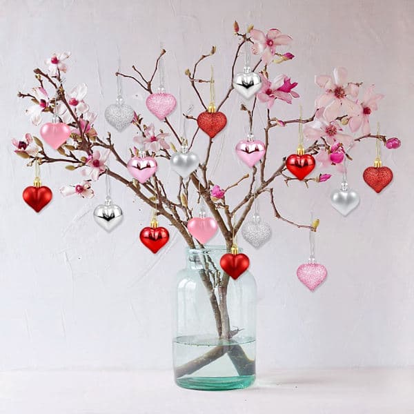 36 stk. Valentinsdag hjerteformede ornamenter - Valentinsdag hjertepynt - Røde, lyserøde, sølvglitrende hjerteformede ornamenter