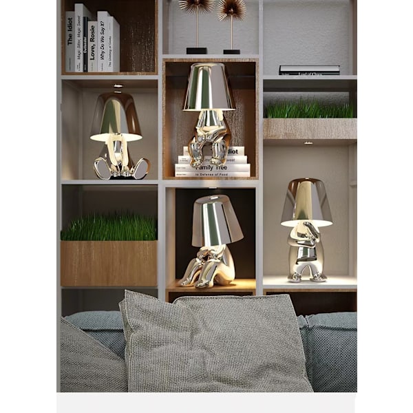 Touch Function Bedside Lamp Gold Thinker Lamp Desk Lamp Cordless Rechargeable Portable Decorative Night Light Silver