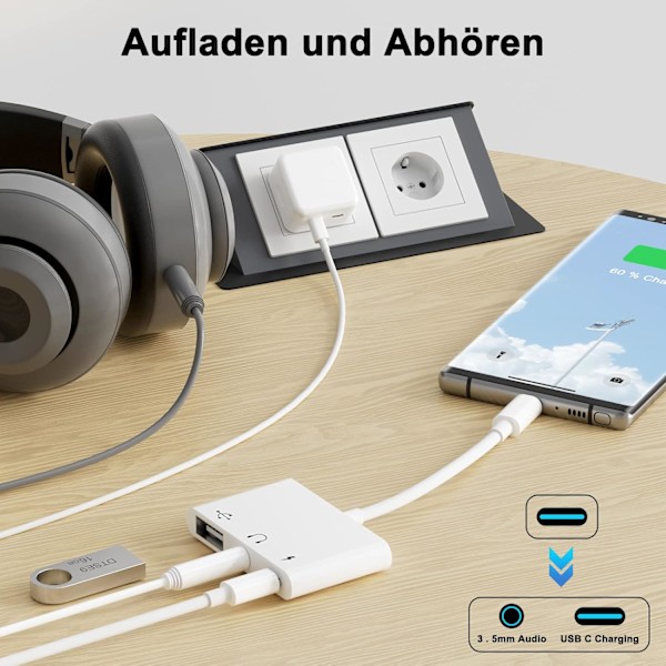 USB C-adapter 3,5 mm-kontakt med hurtiglading OTG-adapter, Type C til Aux-splitter hodetelefoner lyd (hvit)