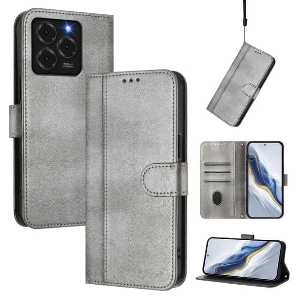 Line Splice Buckle Retro Leather Phone Case [DB] Grey For Ulefone Note 20 Pro Grey For Ulefone Note 20 Pro