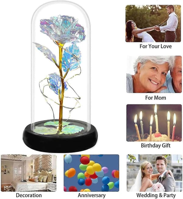 Fødselsdagsgaver, kunstig rosenlampe, glasblomst med LED-lys