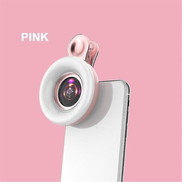 Universal Mobiltelefon 15x Makroobjektiv Fyldlys Selfie LED Ring Clip Blitzlys Pink Pink
