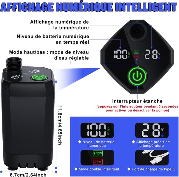 Bærbar bruser, genopladelig elektrisk brusepumpe, med smart display og 4 bruseindstillinger.