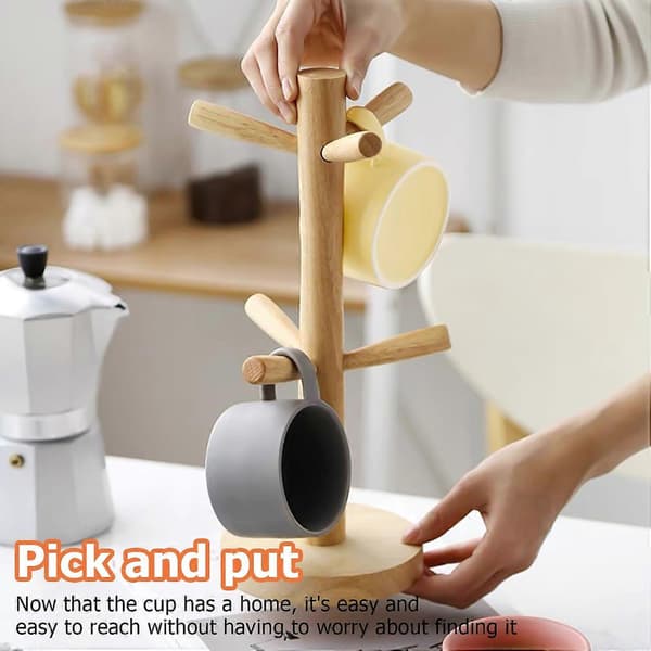 Wooden Mug Holder, with 6 Removable Hooks, Coffee Mug Holder, Coffee Cup Holder, Coffee Mug Rack, Coffee Cup Stand, Stand