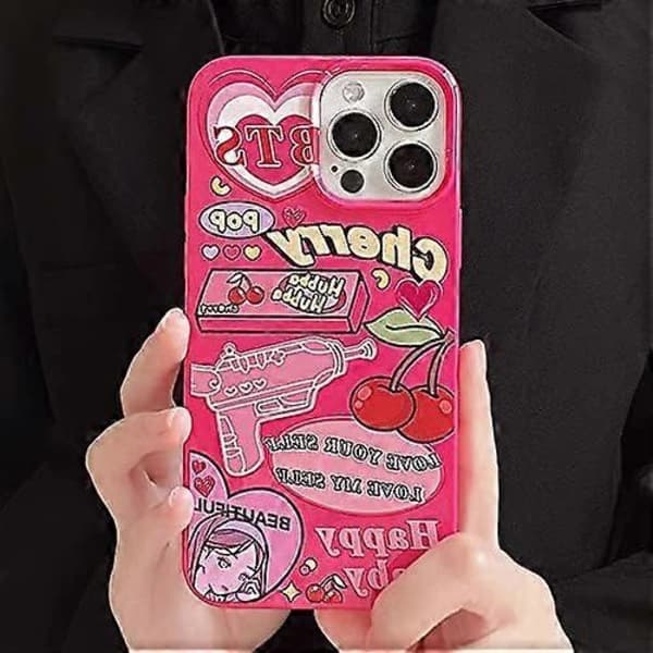Lyserøde Kirsebærhjerter Y2K iPhone 13 Pro Max Cover - Kawaii Piget TPU-beskyttelse til Kvinder & Piger