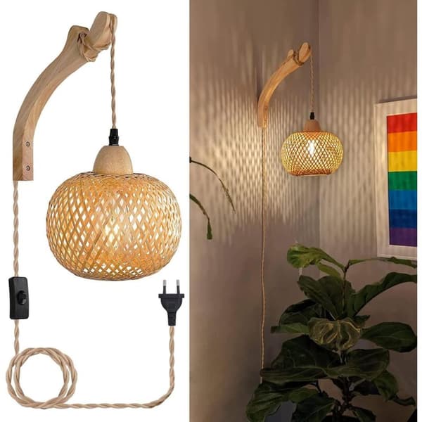 Vintage Wooden Wall Lamp with Bamboo Shade, E27 Retro Lantern, Rattan Night Light - Bulb Not Included
