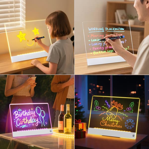Genopladelig LED-whiteboard, 7 farvers belysning, akryl-whiteboard, LED tegne-/graffititavle (35 x 26 cm)