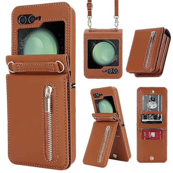 Flip 5 Wallet Case, Crossbody Lynlås Læder Etui med Støttefod til Samsung Galaxy Z Flip 5 med Kortpladser Brown